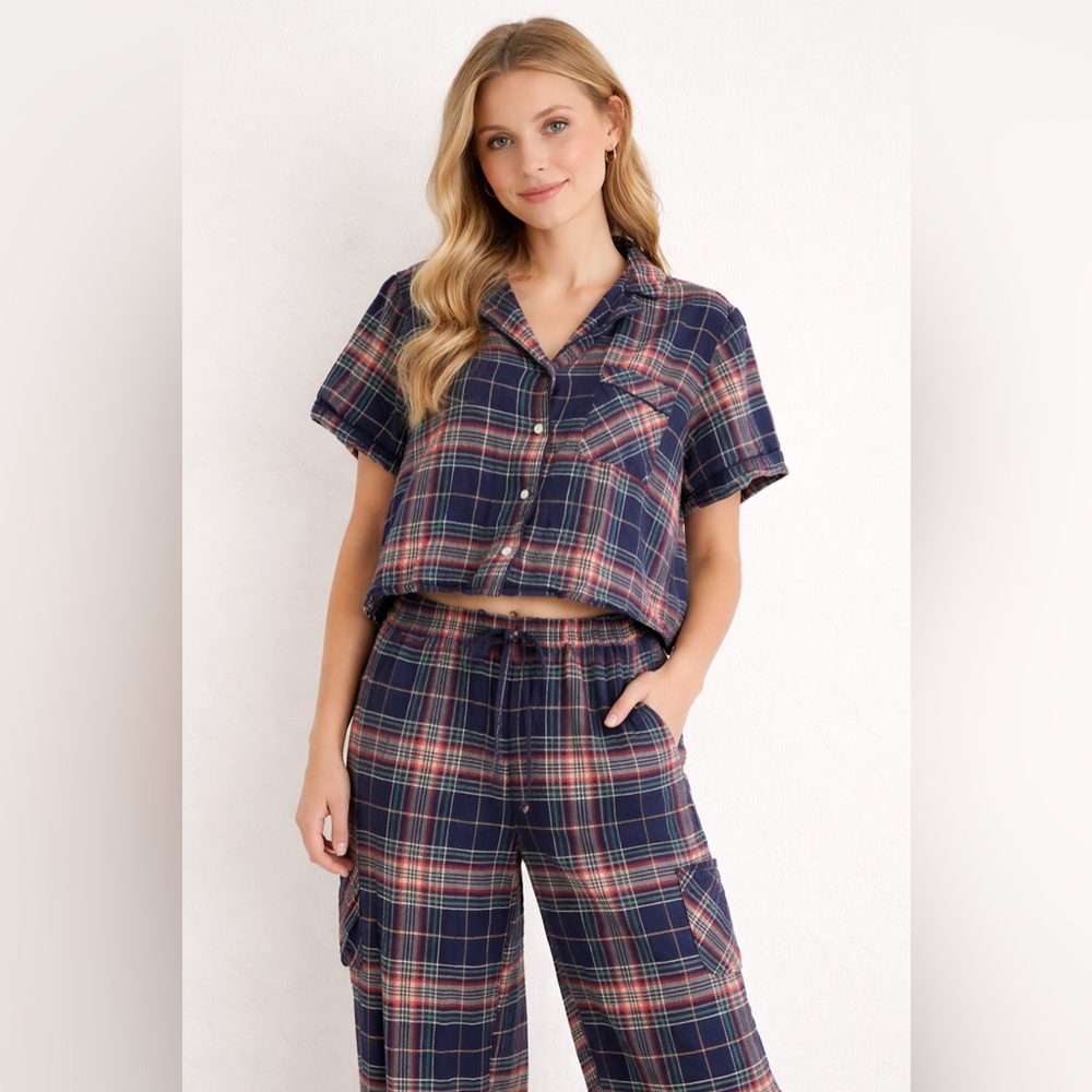 American Eagle Aerie Plaid Flannel Navy Blue Pajama Set SMALL Top Cargo Pants